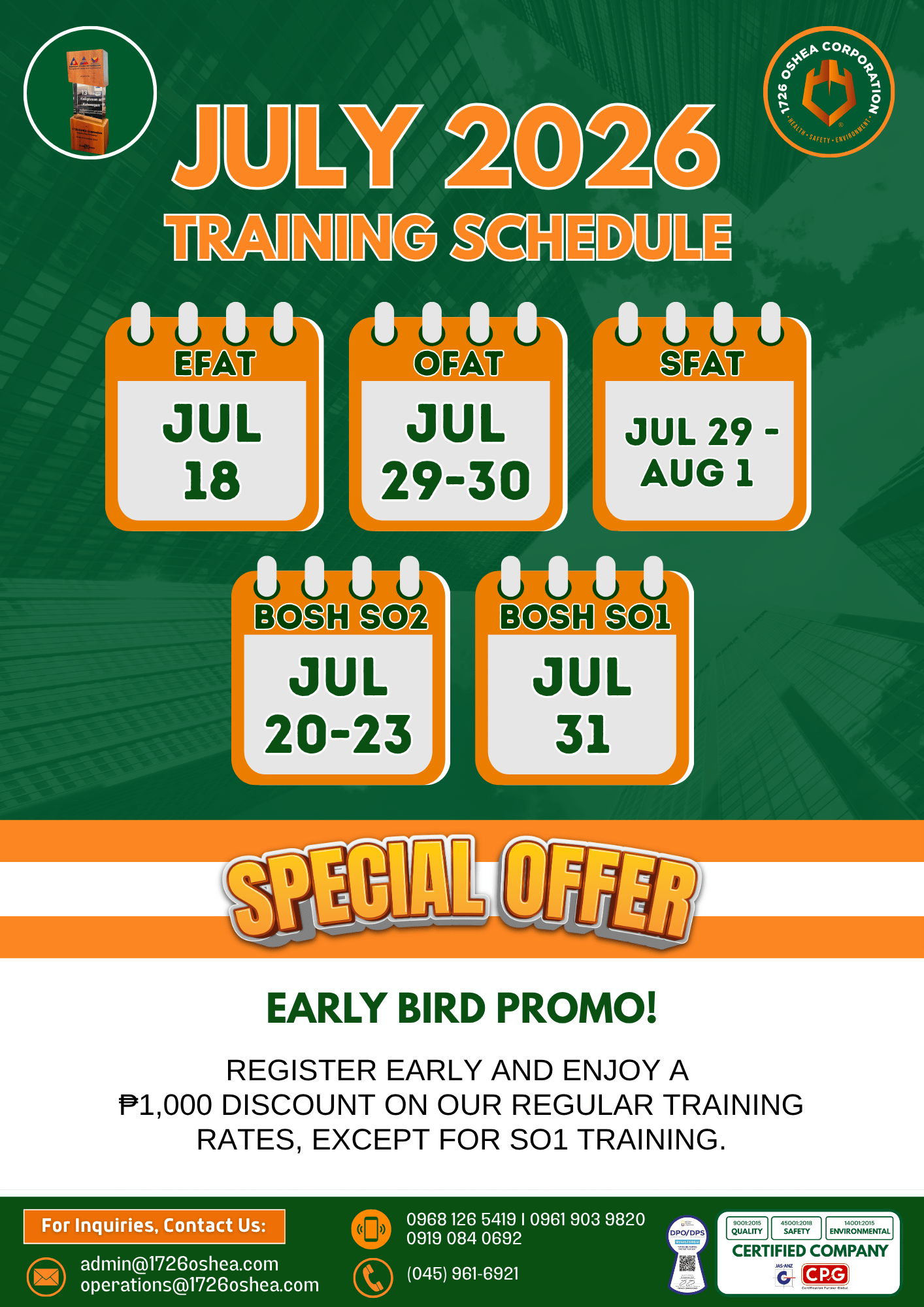 JULY 2026 TRAINING SCHEDULE