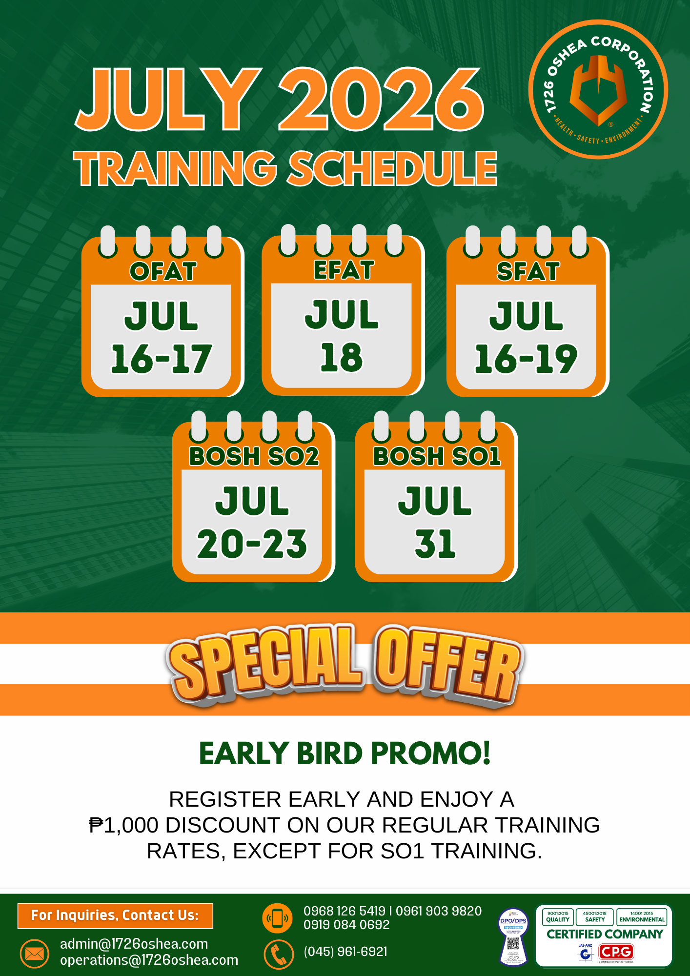 JULY 2026 TRAINING SCHEDULE