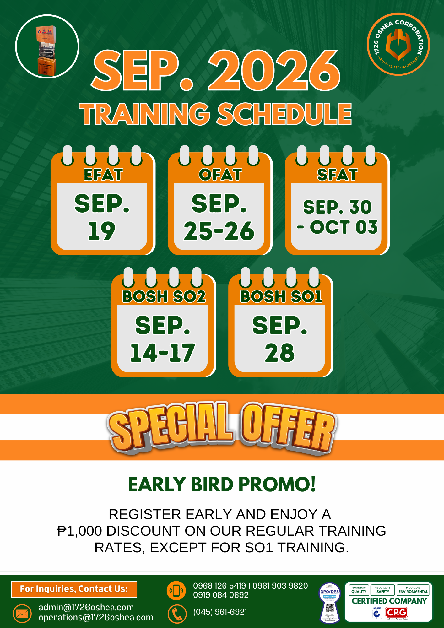 SEPTEMBER 2026 TRAINING SCHEDULE