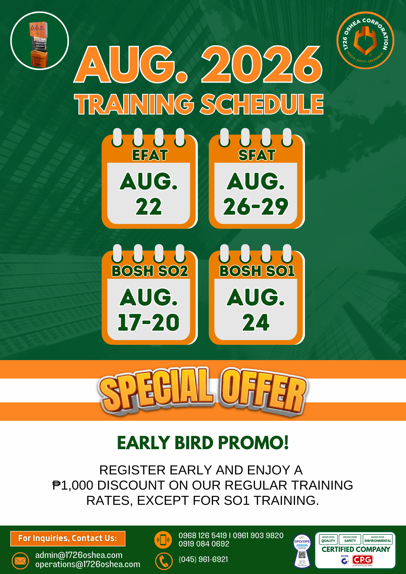 AUGUST 2026 TRAINING SCHEDULE